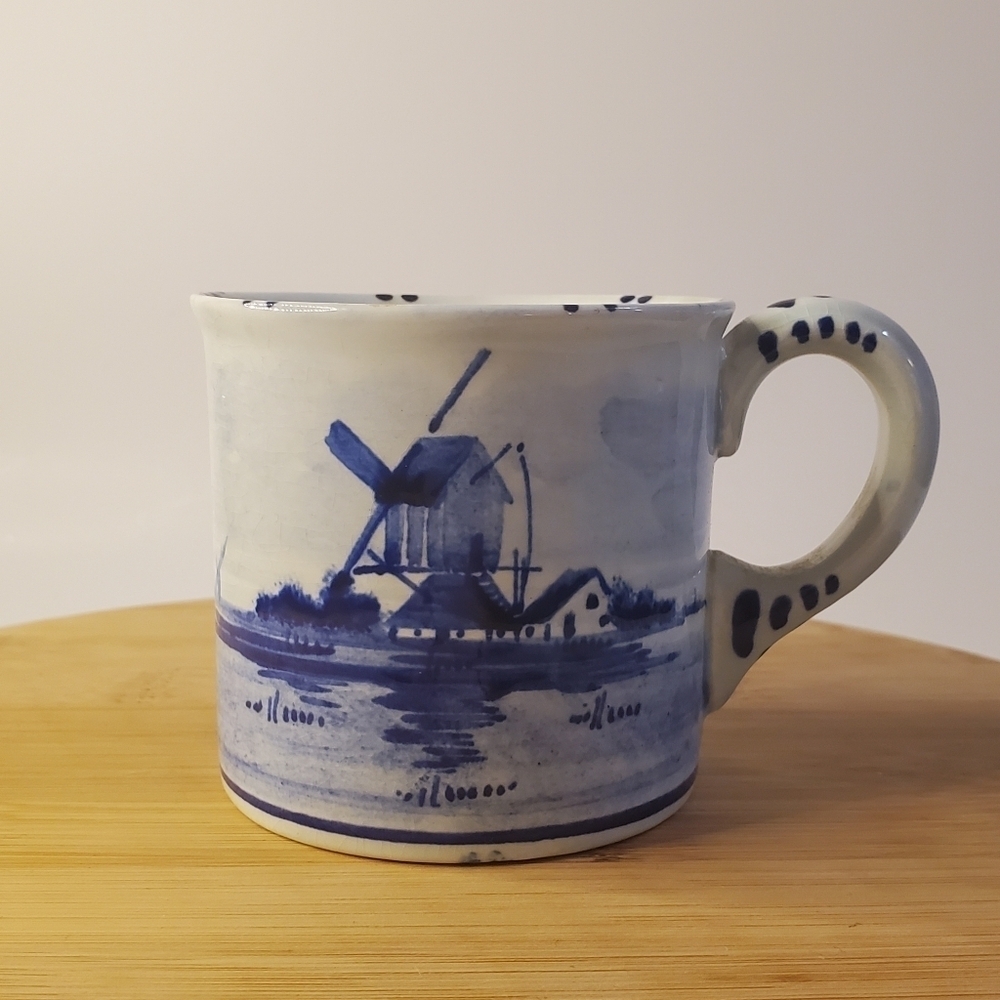 Vintage Holland Blue White Windmill & Sailboats Mug Signed & Numbered Cup Handle